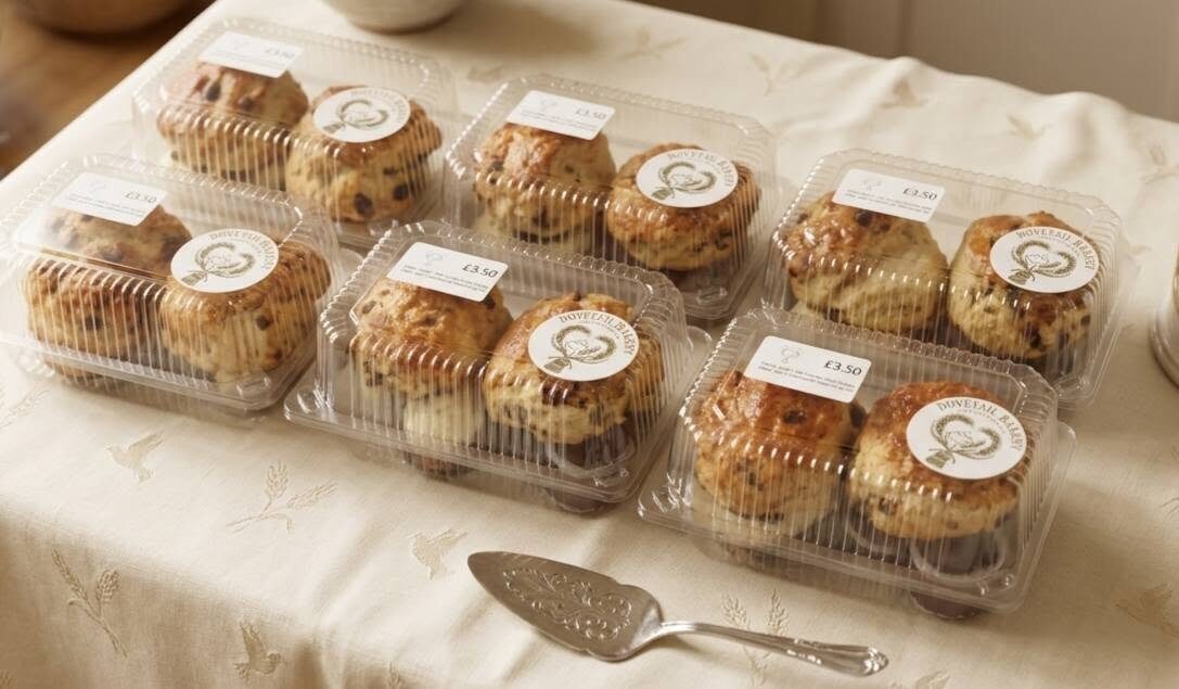 Packs of Devon scones ready for collection