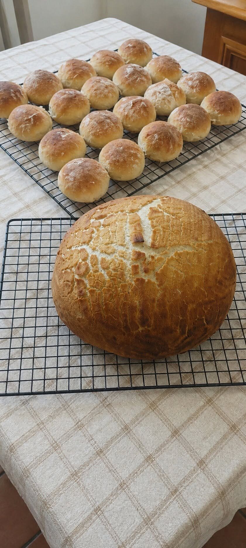 Bread rolls and a fresh loaf on cooling racks