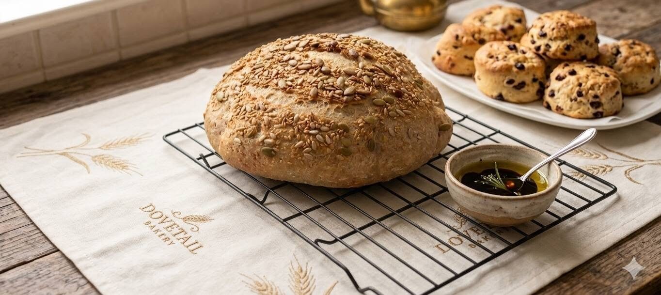 Seeded wholemeal round loaf on a cooling rack